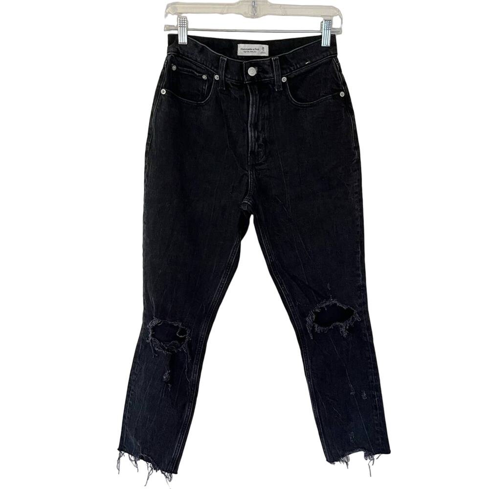 Abercrombie & Fitch High Rise Distressed Rip Knee Raw Hem Mom Jeans Black